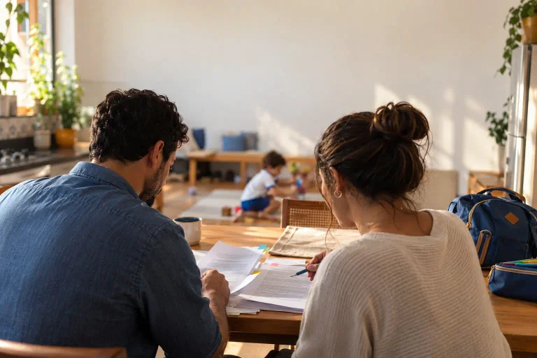 Contrato escolar sendo revisado por pais à mesa da cozinha, com marcadores coloridos nas páginas