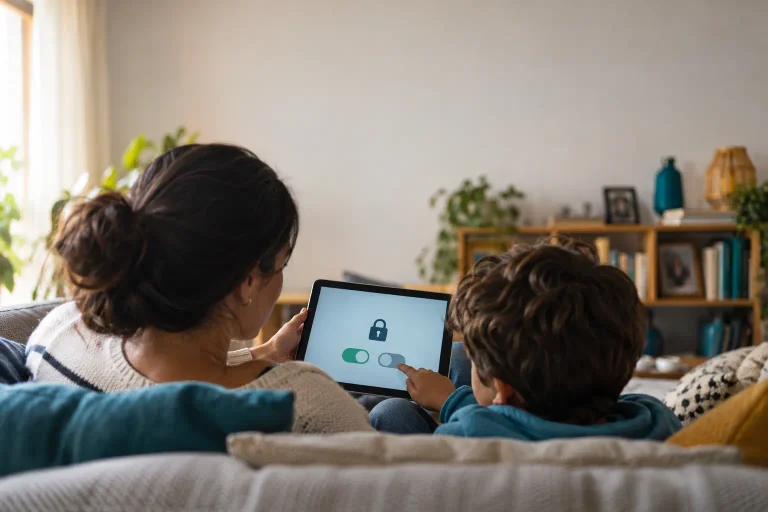 Proteção de crianças na internet: mãe e criança no sofá com tablet e controle parental ativado na tela